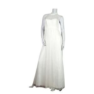 David's Bridal SZ 8 Dress Ivory High Neck Empire Waist Lace Halter NEW TINY FLAW